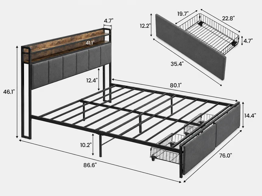 Plano acotado de la cama industrial con cajones