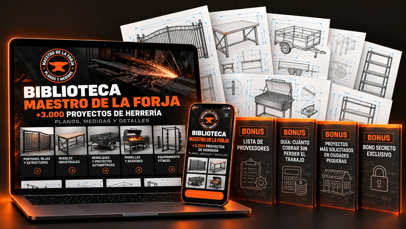 El pack completo: la biblioteca de planos en computadora y celular, las hojas de proyectos y los 4 bonos
