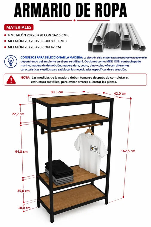 Plano del armario de ropa con materiales y medidas