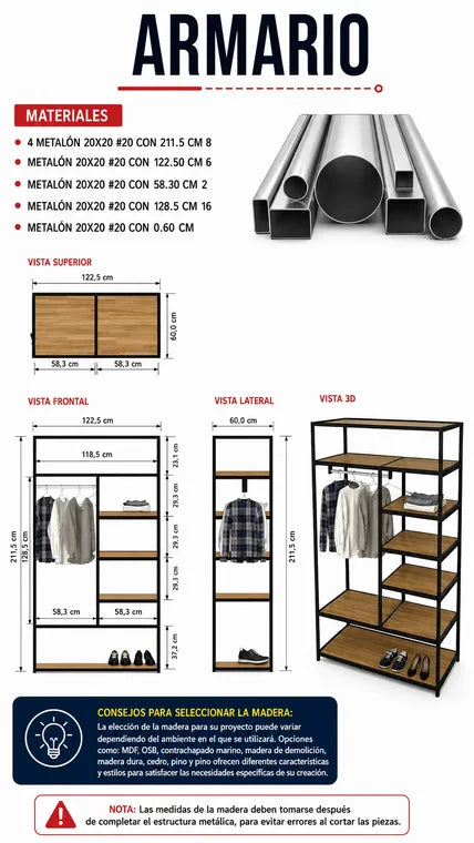Plano del armario con vista superior, frontal, lateral y 3D
